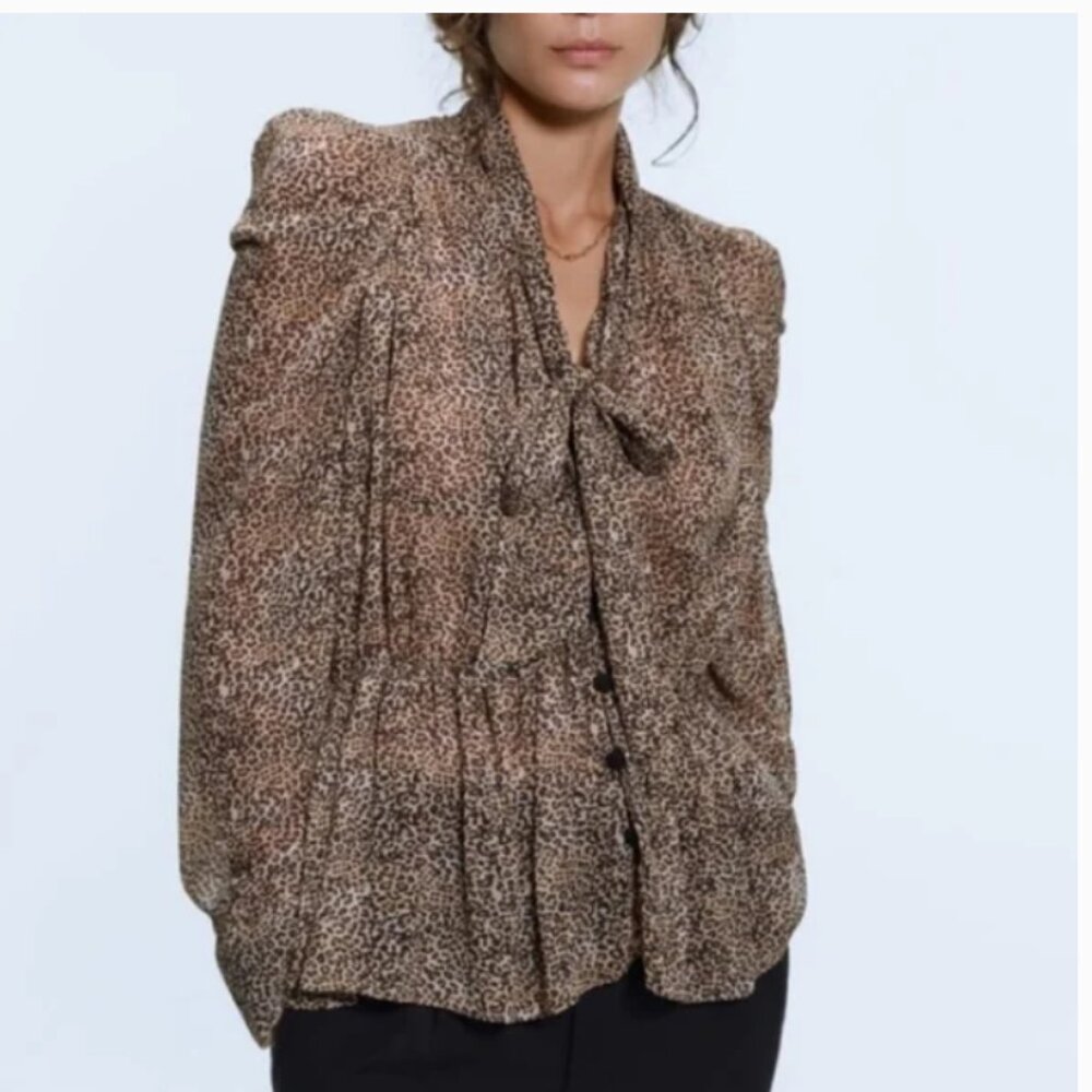 Zara | Long Sleeve Animal Print Chiffon Shirt